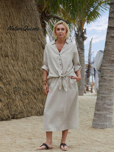 Women's Solid Color V-Neck 3/4 Sleeves Casual Tie Linen Cardigan Top