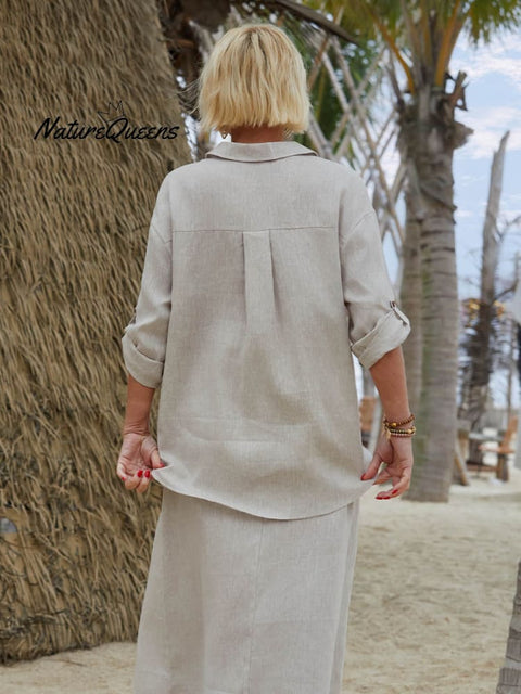 Women's Solid Color V-Neck 3/4 Sleeves Casual Tie Linen Cardigan Top