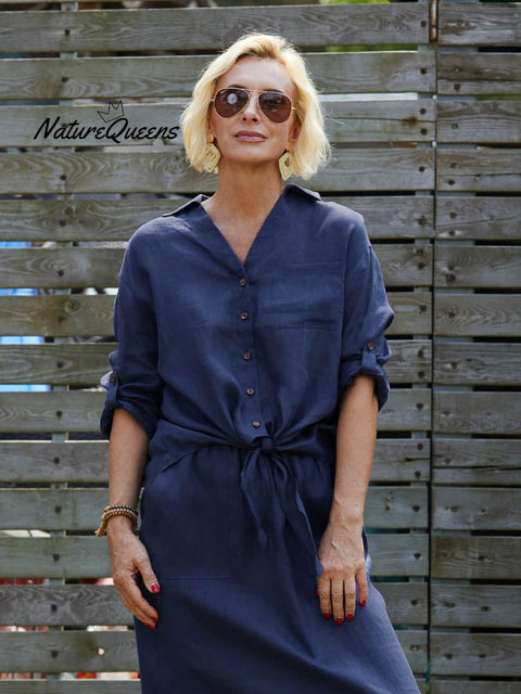 Women's Solid Color V-Neck 3/4 Sleeves Casual Tie Linen Cardigan Top