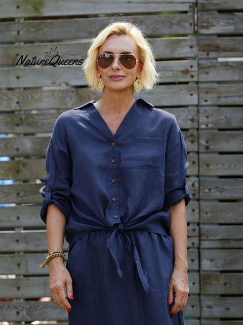 Women's Solid Color V-Neck 3/4 Sleeves Casual Tie Linen Cardigan Top