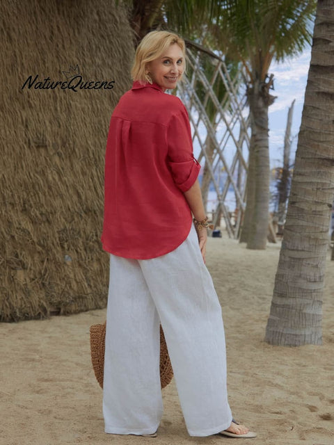 Women's Solid Color V-Neck 3/4 Sleeves Casual Tie Linen Cardigan Top