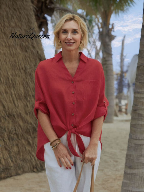 Women's Solid Color V-Neck 3/4 Sleeves Casual Tie Linen Cardigan Top