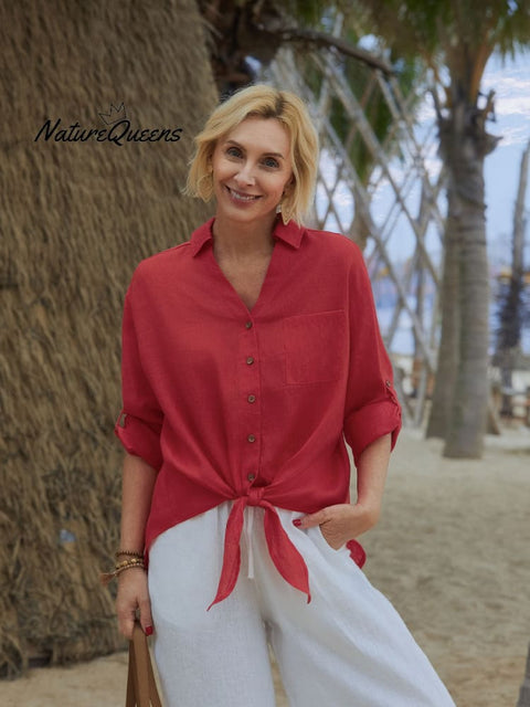 Women's Solid Color V-Neck 3/4 Sleeves Casual Tie Linen Cardigan Top