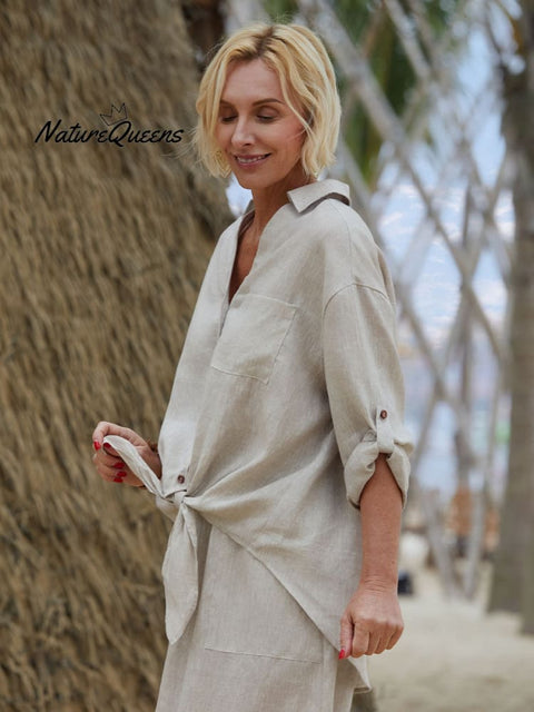 Women's Solid Color V-Neck 3/4 Sleeves Casual Tie Linen Cardigan Top