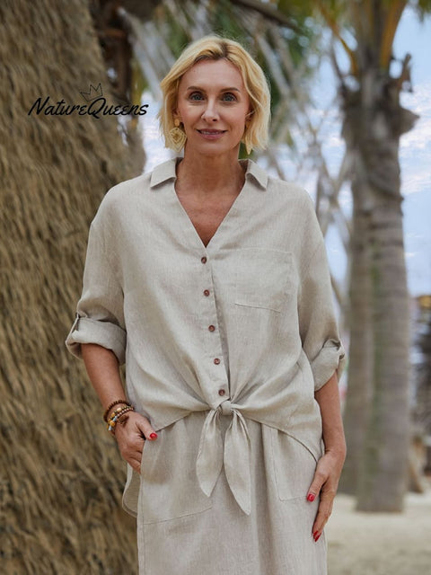 Women's Solid Color V-Neck 3/4 Sleeves Casual Tie Linen Cardigan Top