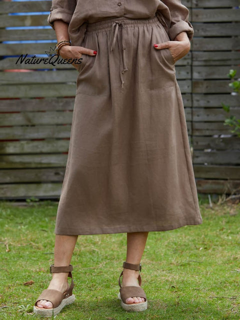 Women's Solid Color Elastic Waist Drawstring Tie Casual Pockets Linen Skirt