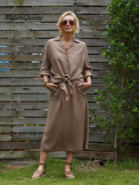 Women's Solid Color Elastic Waist Drawstring Tie Casual Pockets Linen Skirt
