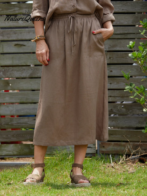 Women's Solid Color Elastic Waist Drawstring Tie Casual Pockets Linen Skirt