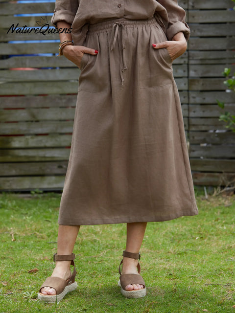 Women's Solid Color Elastic Waist Drawstring Tie Casual Pockets Linen Skirt