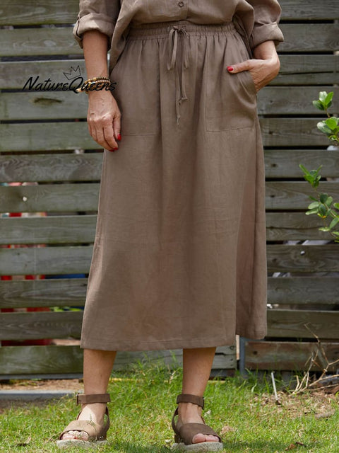 Women's Solid Color Elastic Waist Drawstring Tie Casual Pockets Linen Skirt