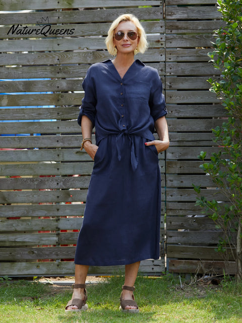 Women's Solid Color Elastic Waist Drawstring Tie Casual Pockets Linen Skirt