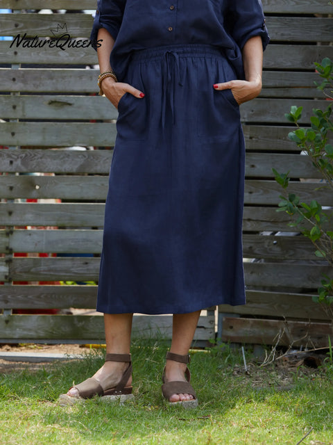 Women's Solid Color Elastic Waist Drawstring Tie Casual Pockets Linen Skirt