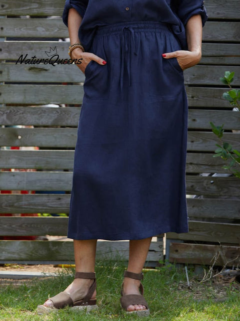 Women's Solid Color Elastic Waist Drawstring Tie Casual Pockets Linen Skirt