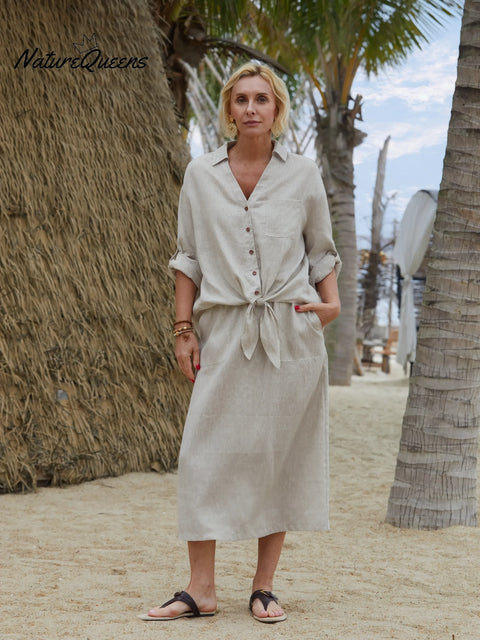 Women's Solid Color Elastic Waist Drawstring Tie Casual Pockets Linen Skirt