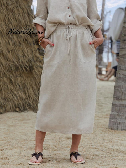 Women's Solid Color Elastic Waist Drawstring Tie Casual Pockets Linen Skirt