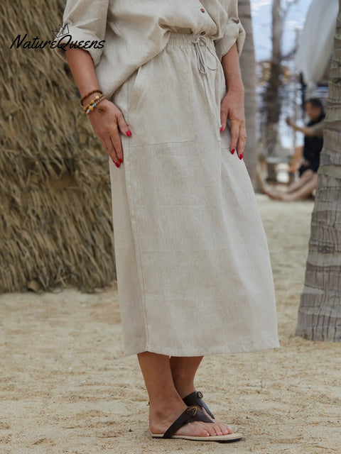 Women's Solid Color Elastic Waist Drawstring Tie Casual Pockets Linen Skirt