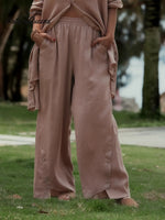 Women Solid Color Elastic Waist Casual Linen Wide Leg Pants