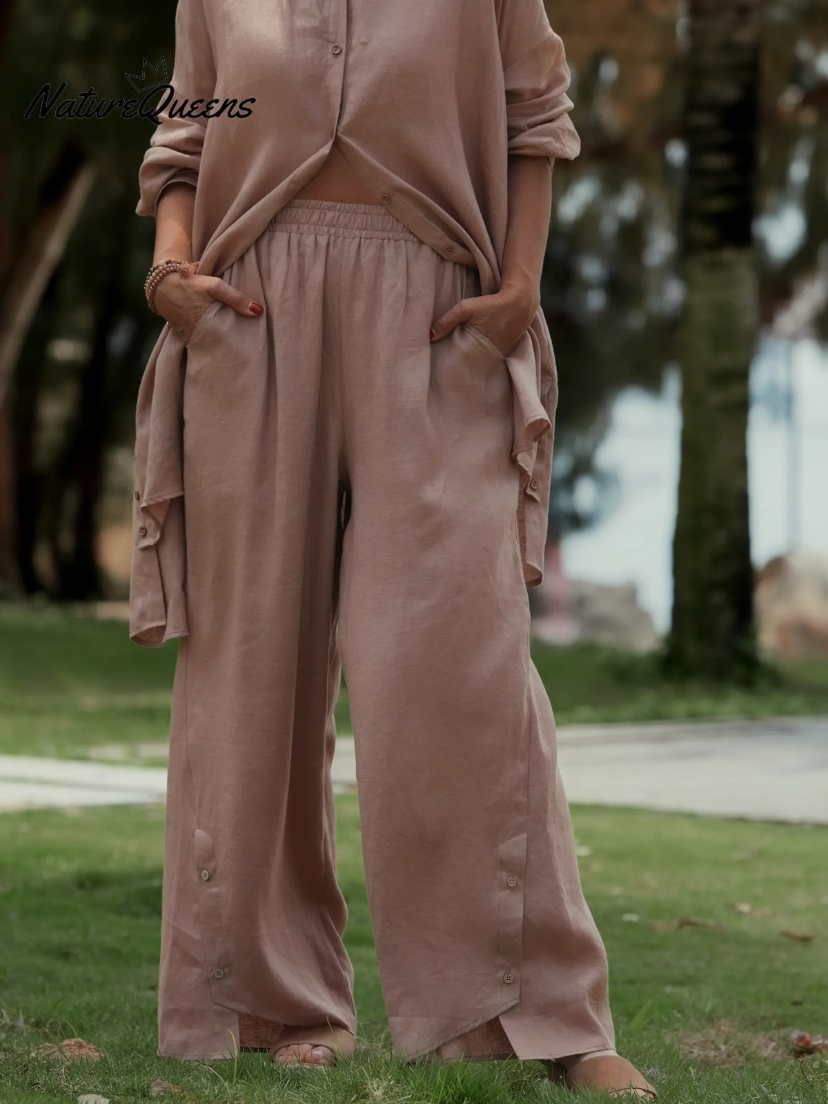 Women Solid Color Elastic Waist Casual Linen Wide Leg Pants