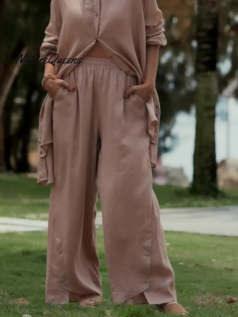 Women Solid Color Elastic Waist Casual Linen Wide Leg Pants