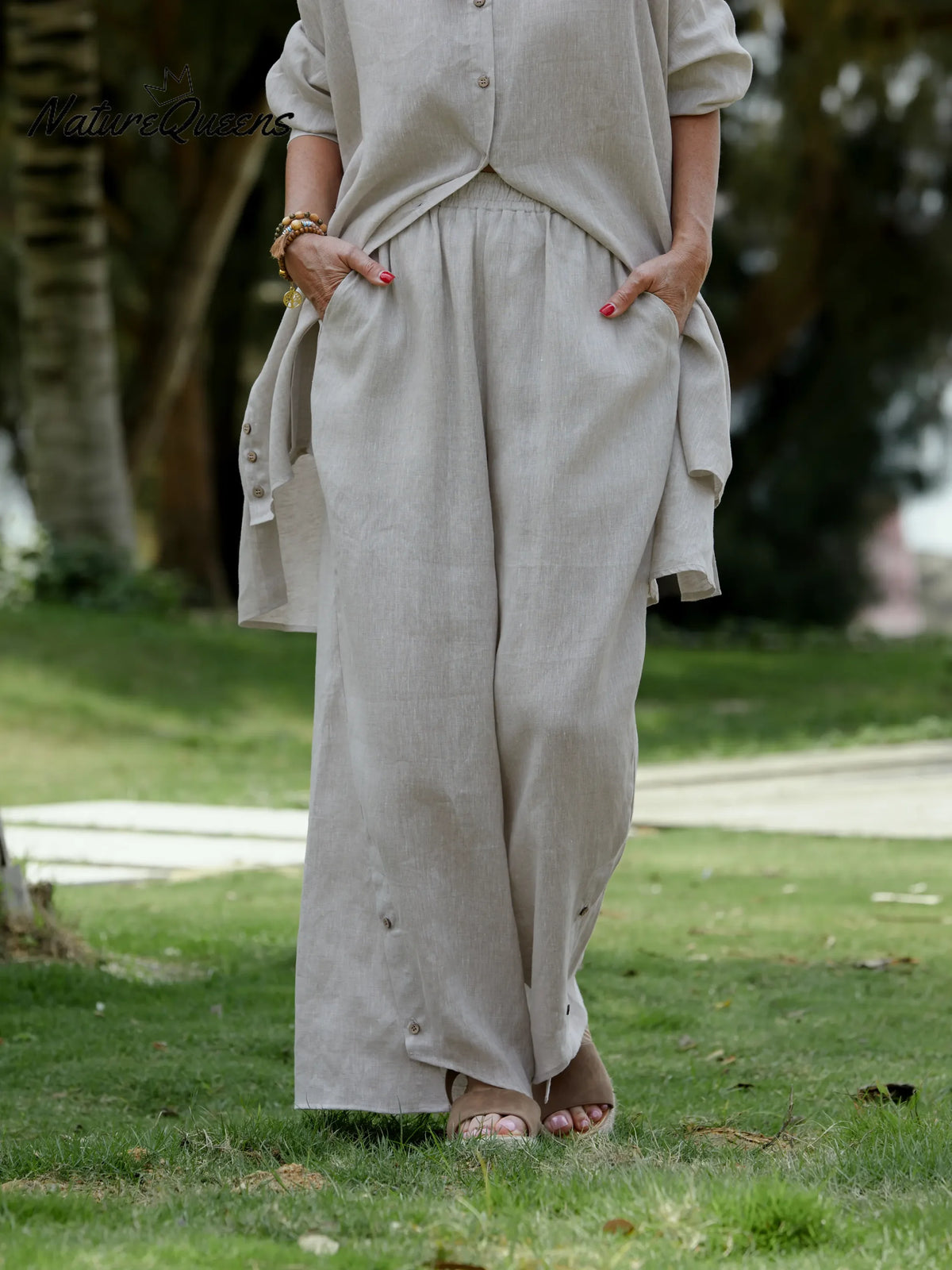 Women Solid Color Elastic Waist Casual Linen Wide Leg Pants