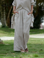 Women Solid Color Elastic Waist Casual Linen Wide Leg Pants