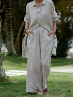 Women Solid Color Elastic Waist Casual Linen Wide Leg Pants