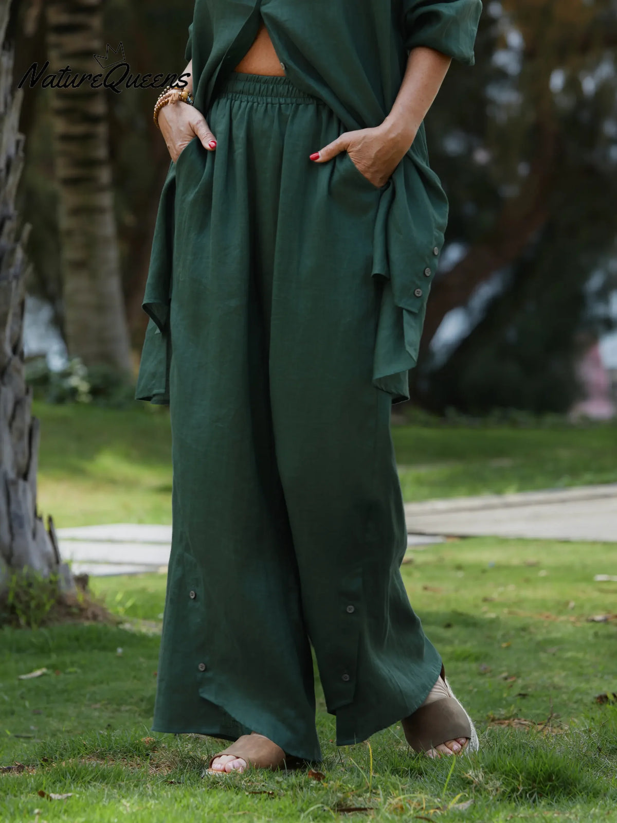 Women Solid Color Elastic Waist Casual Linen Wide Leg Pants
