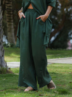 Women Solid Color Elastic Waist Casual Linen Wide Leg Pants