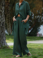 Women Solid Color Elastic Waist Casual Linen Wide Leg Pants