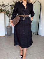 Women Solid Color Shirt Collar Long Sleeve Cardigan Cotton Shirt Dress