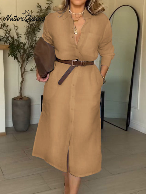 Women Solid Color Shirt Collar Long Sleeve Cardigan Cotton Shirt Dress