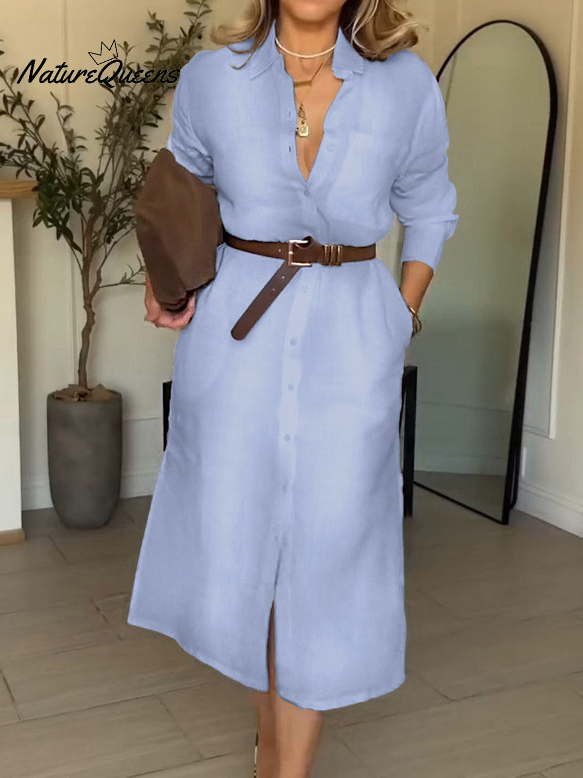 Women Solid Color Shirt Collar Long Sleeve Cardigan Cotton Shirt Dress