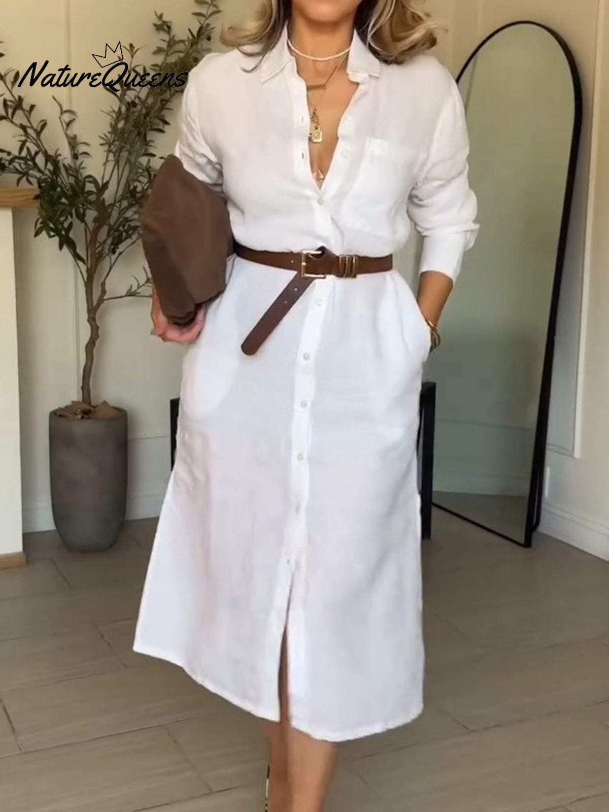 Women Solid Color Shirt Collar Long Sleeve Cardigan Cotton Shirt Dress