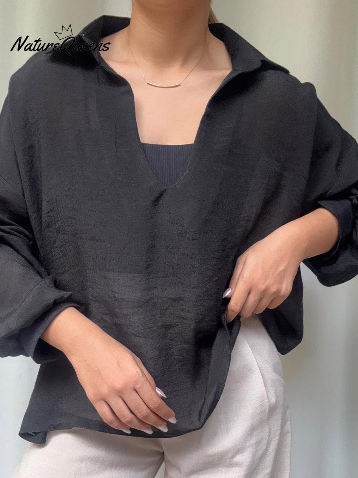 Women's Solid Color V-Neck Long Sleeve Loose Linen Top