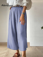 Women Solid Color Casual Linen Cropped Wide Leg Pants