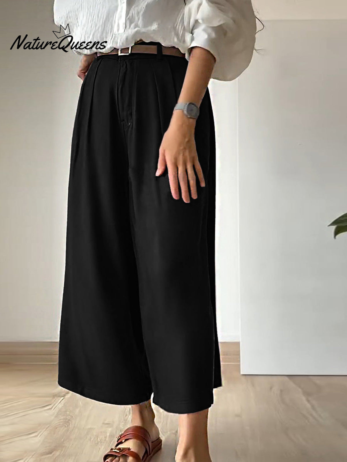 Women Solid Color Casual Linen Cropped Wide Leg Pants