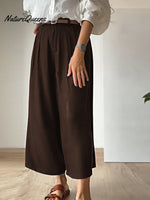 Women Solid Color Casual Linen Cropped Wide Leg Pants