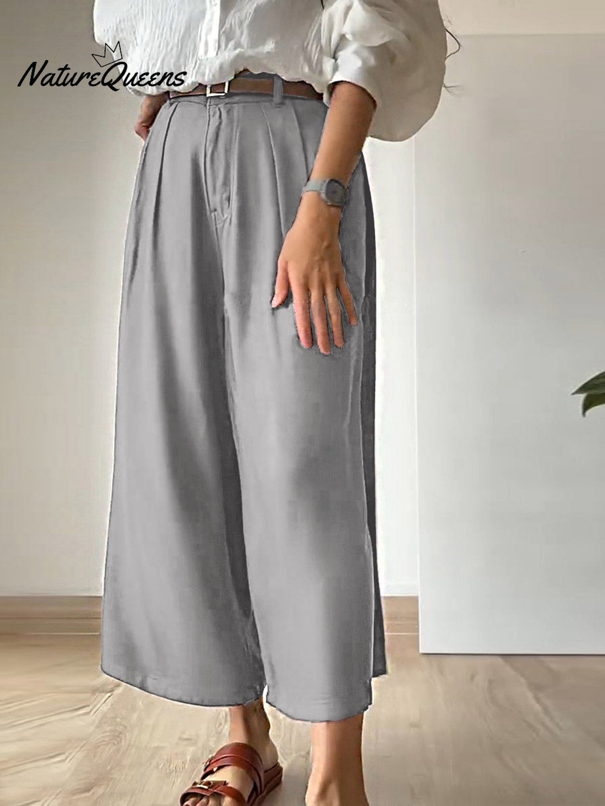Women Solid Color Casual Linen Cropped Wide Leg Pants