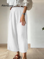 Women Solid Color Casual Linen Cropped Wide Leg Pants