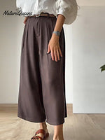 Women Solid Color Casual Linen Cropped Wide Leg Pants