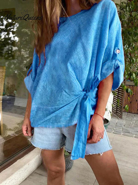 Women's Round Neck 3/4 Sleeve Twisted Tie Linen Top
