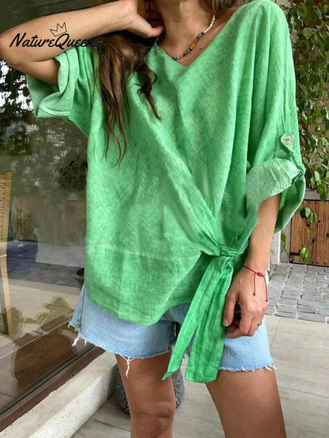 Women's Round Neck 3/4 Sleeve Twisted Tie Linen Top