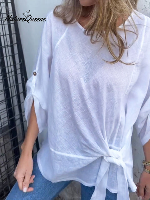 Women's Round Neck 3/4 Sleeve Twisted Tie Linen Top
