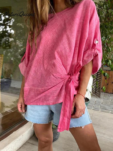 Women's Round Neck 3/4 Sleeve Twisted Tie Linen Top