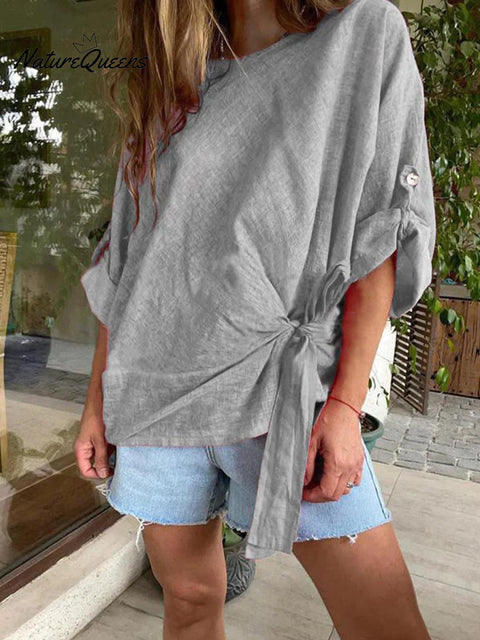 Women's Round Neck 3/4 Sleeve Twisted Tie Linen Top