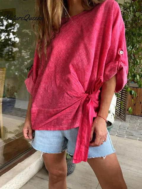 Women's Round Neck 3/4 Sleeve Twisted Tie Linen Top