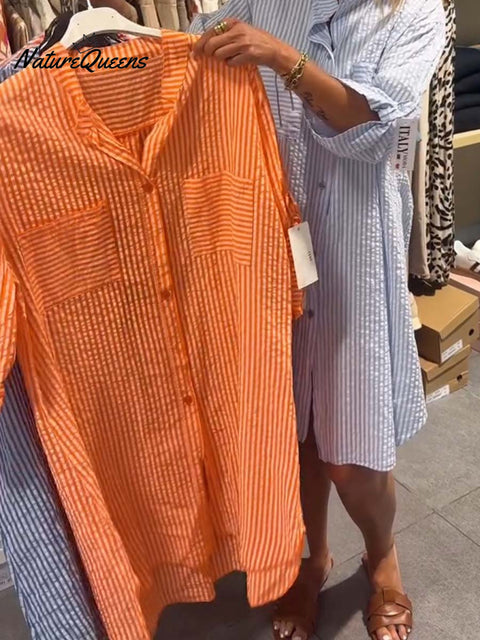 Women's Lapel Three-quarter Sleeve Stripe Print Loose Casual Shirt Cardigan Cotton Dress