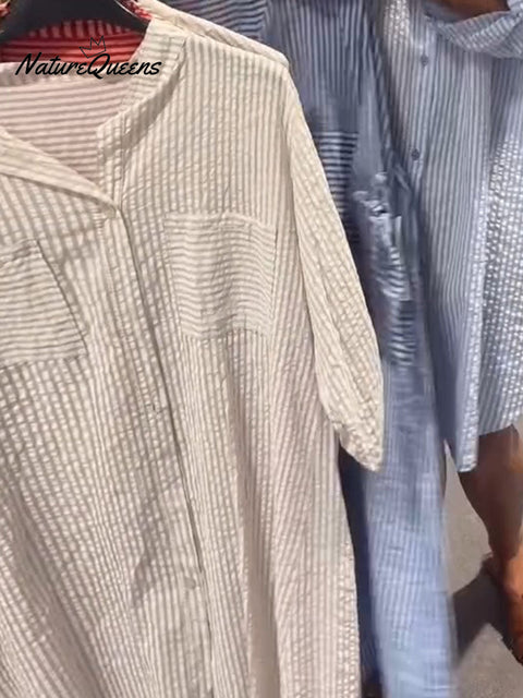 Women's Lapel Three-quarter Sleeve Stripe Print Loose Casual Shirt Cardigan Cotton Dress