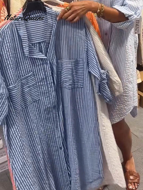Women's Lapel Three-quarter Sleeve Stripe Print Loose Casual Shirt Cardigan Cotton Dress
