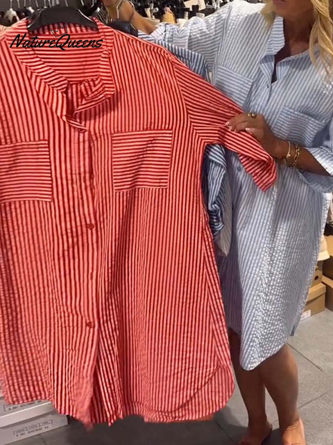 Women's Lapel Three-quarter Sleeve Stripe Print Loose Casual Shirt Cardigan Cotton Dress